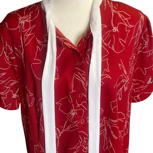 Unique Vintage Women's Top Red Floaral Button Up  Tie Neck Blouse Size 16 1X - Picture 3 of 7